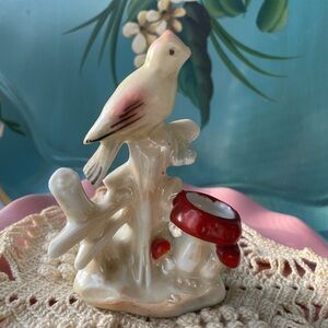 Vintage Ceramic Bird on Branch Figurine with Red Mushroom Accent